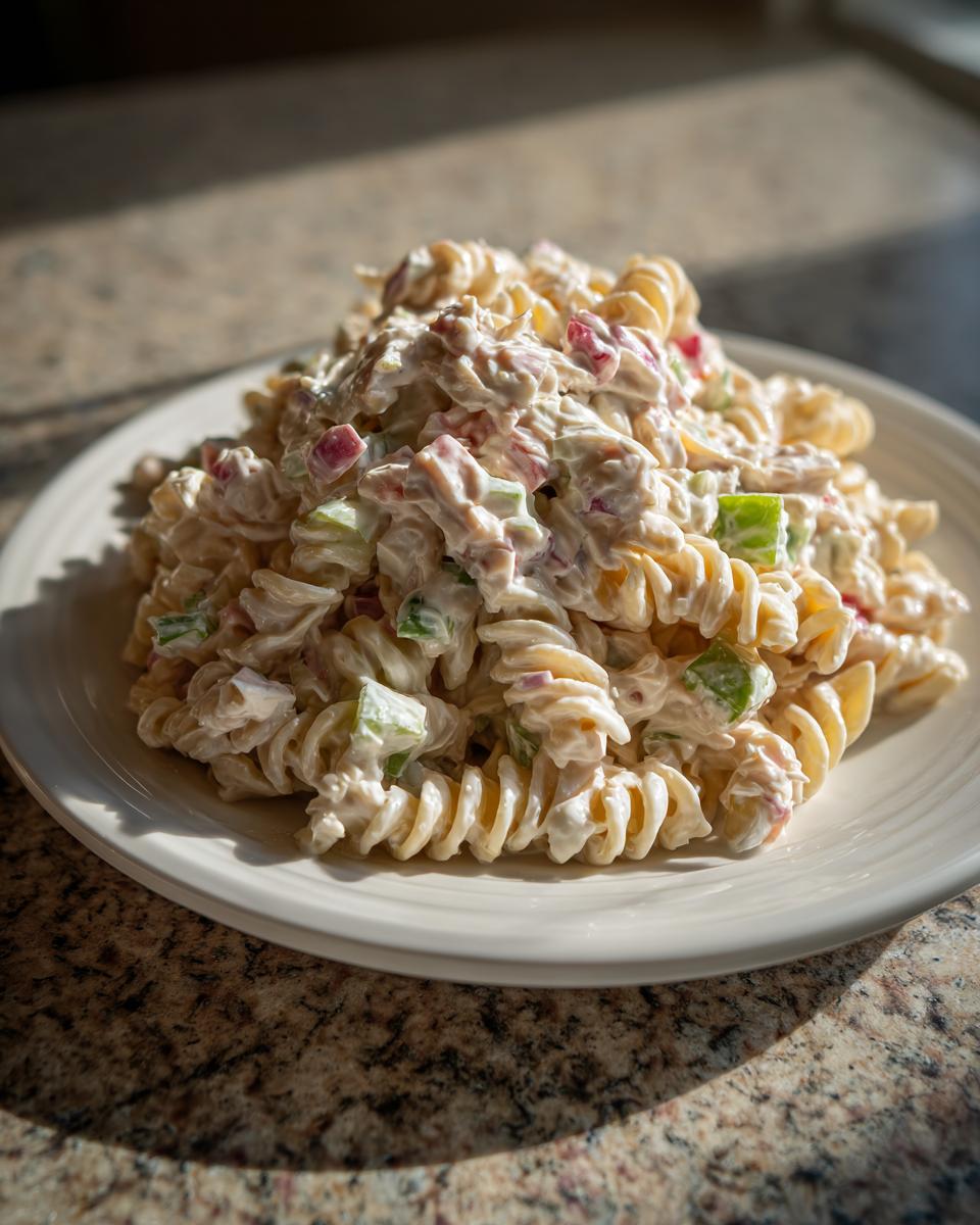 A close-up of creamy Tuna pasta salad mixed with rotini pasta, celery, and red onion on a white plate.