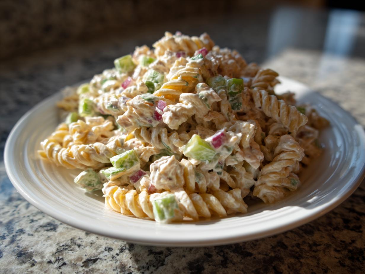 A close-up of creamy Tuna pasta salad featuring rotini pasta, celery, and red onion on a white plate.