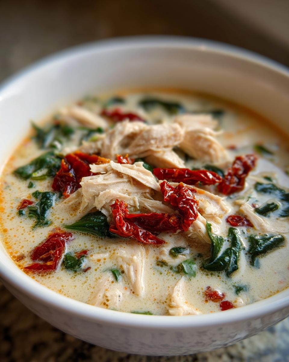 Close-up of a bowl of creamy Tuscan chicken soup topped with shredded chicken, spinach, and sun-dried tomatoes.
