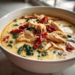 A close-up of a white bowl filled with creamy Tuscan chicken soup, featuring shredded chicken, spinach, and sun-dried tomatoes.