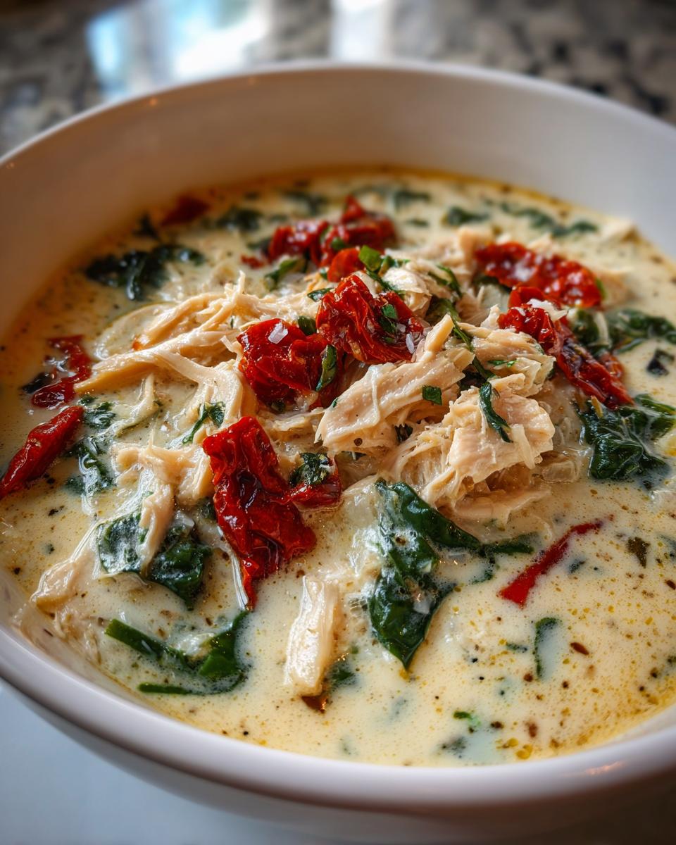 Close-up of a bowl of creamy Tuscan chicken soup topped with shredded chicken, spinach, and sun-dried tomatoes.