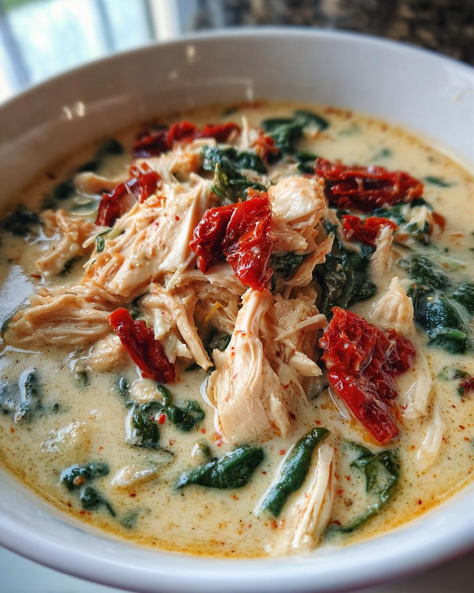 Close-up of a bowl of creamy Tuscan chicken soup, featuring shredded chicken, wilted spinach, and bright red sun-dried tomatoes.