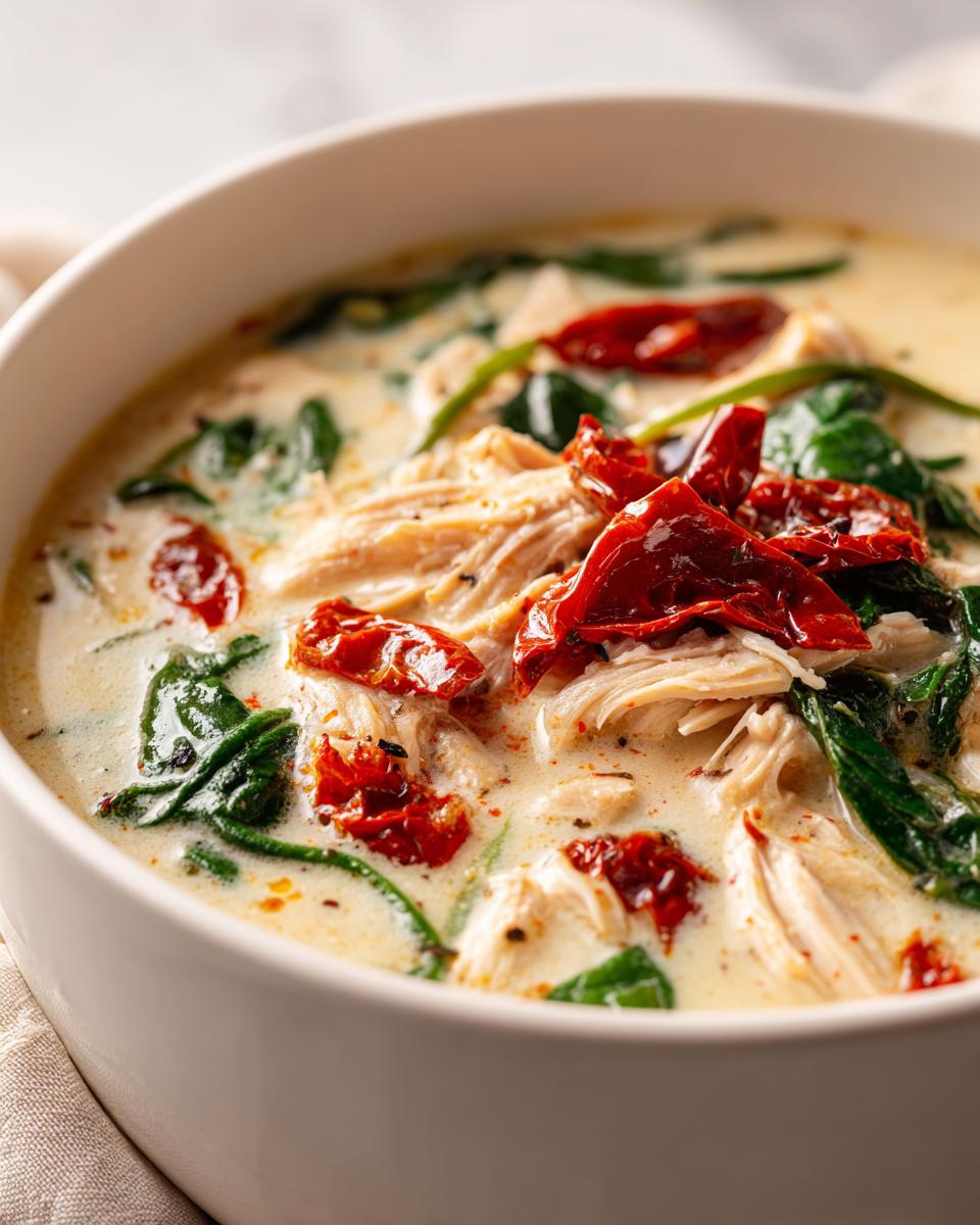 Close-up of a white bowl filled with creamy Tuscan chicken soup, featuring shredded chicken, spinach, and sun-dried tomatoes.