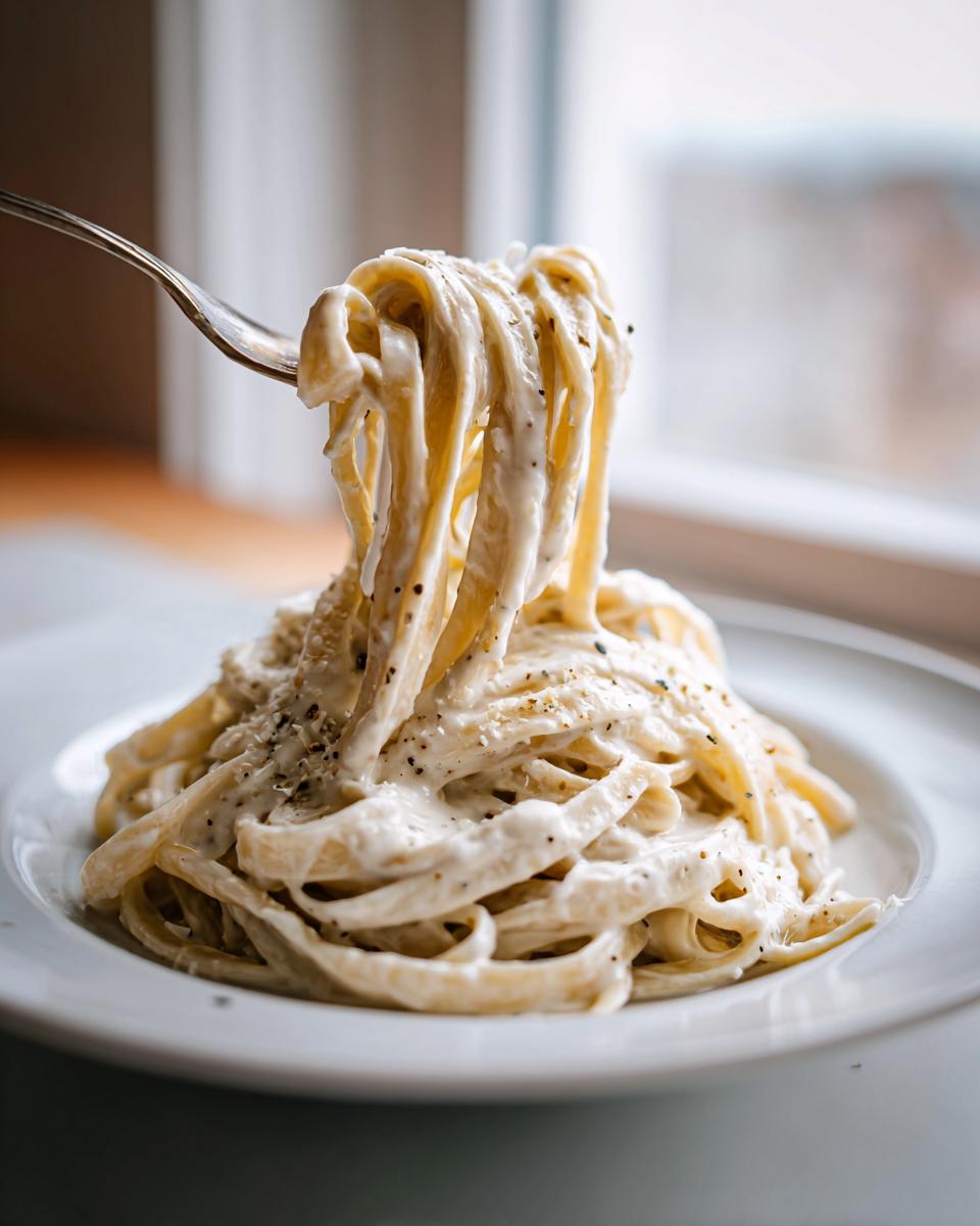A fork lifting creamy fettuccine coated in rich vegan alfredo sauce, seasoned with black pepper.