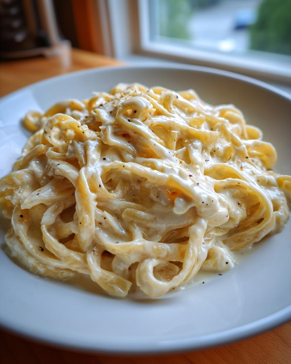 Close-up of fettuccine pasta coated generously in creamy vegan alfredo sauce and sprinkled with black pepper.