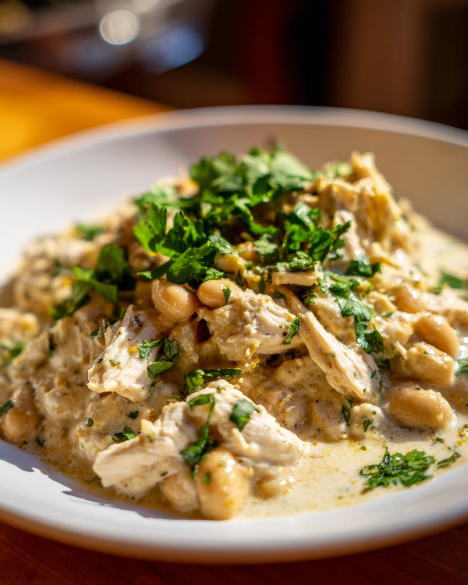 Close-up of shredded chicken and white beans in a creamy sauce, topped with fresh cilantro for a chicken chili recipe.