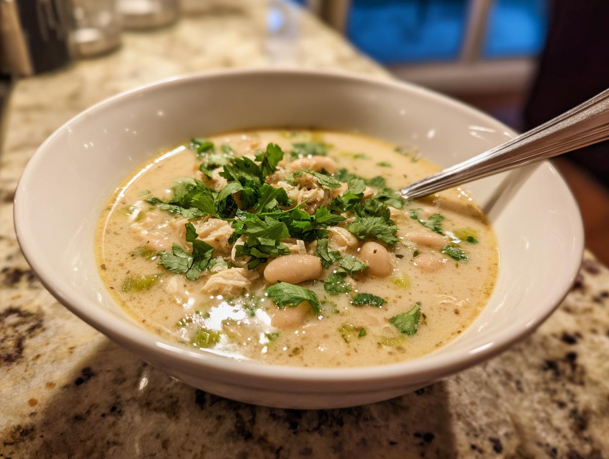 Close-up of a creamy white chicken chili recipe, topped with fresh cilantro, in a white bowl.
