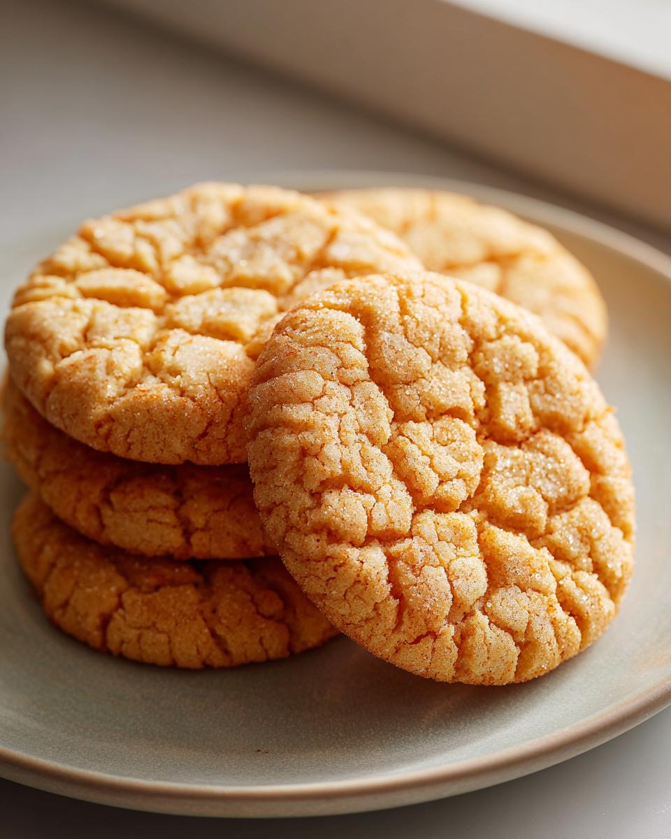 A stack of four golden brown, crinkled sugar cookie rounds dusted with sugar, resting on a pale green plate.