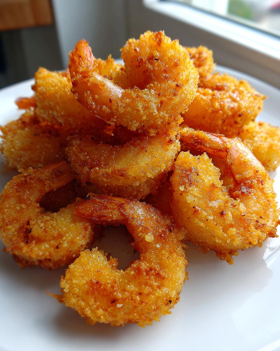 Close-up of a pile of golden, crispy breaded air fryer frozen shrimp on a white plate.