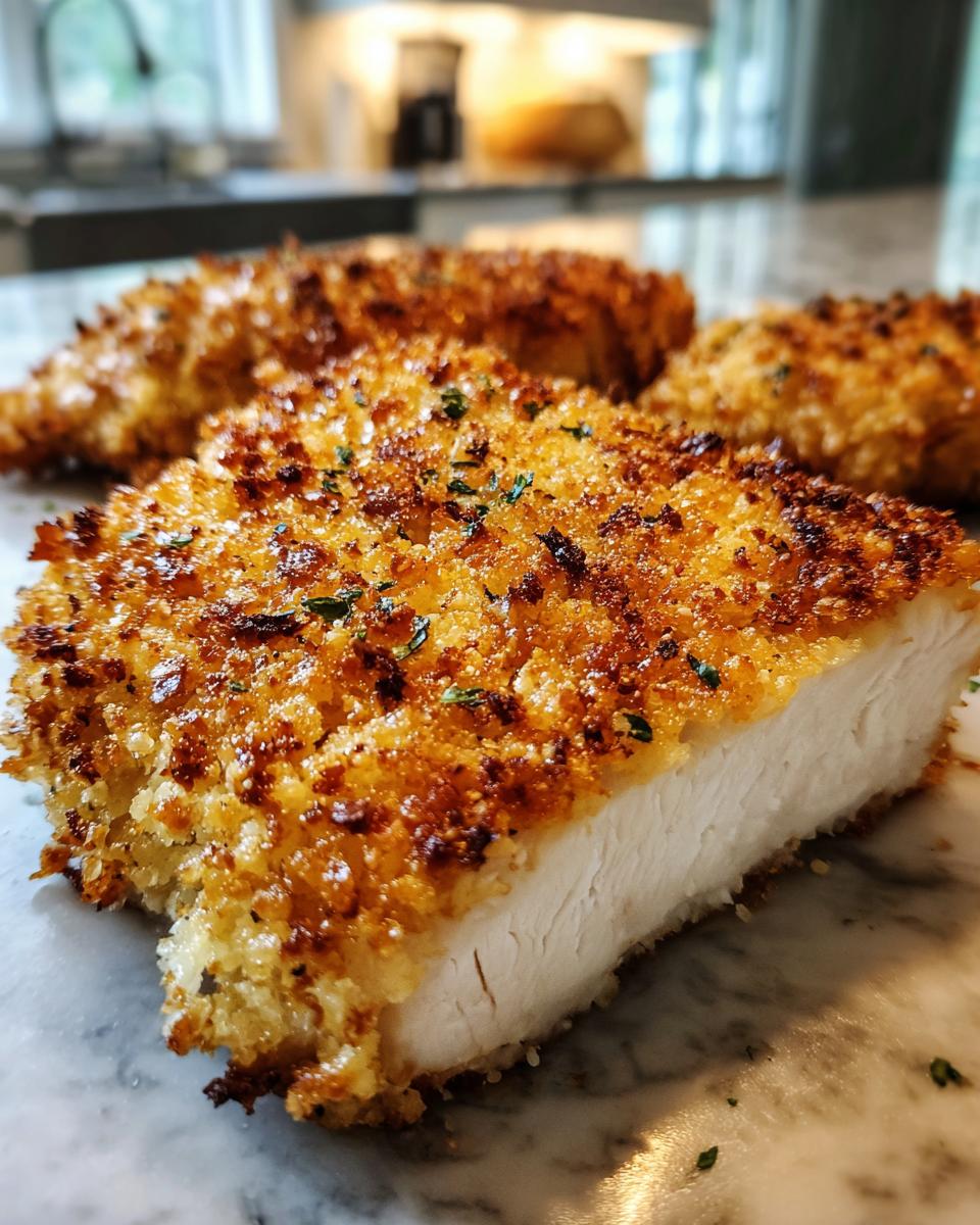 Close-up of a slice of baked ranch chicken showing the juicy white meat and crispy, golden-brown breading.