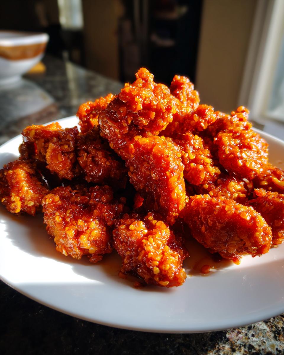 A pile of crispy, saucy bang bang chicken pieces coated in a bright orange glaze, served on a white plate.