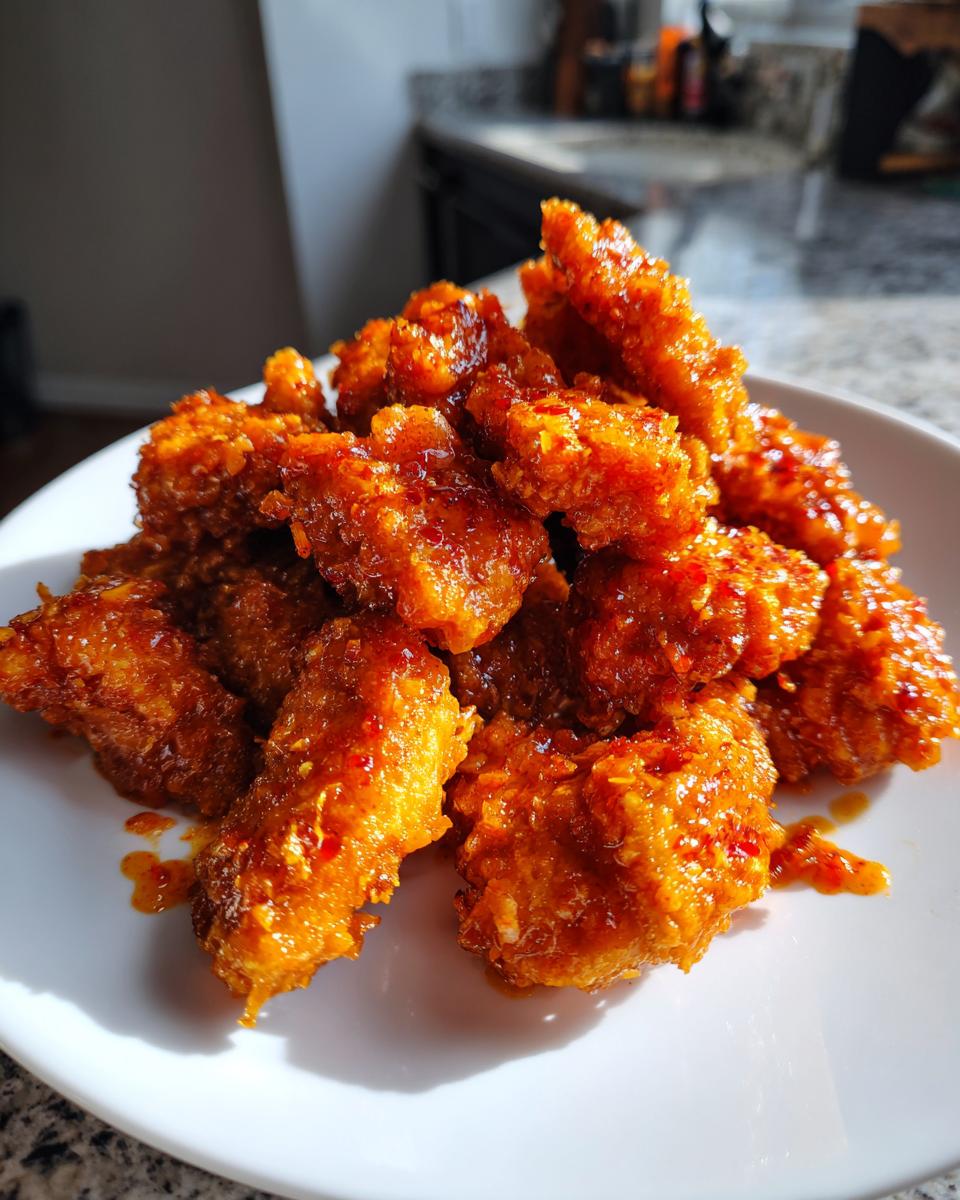 A close-up of crispy, golden-brown pieces of bang bang chicken coated in a spicy, sweet orange glaze on a white plate.
