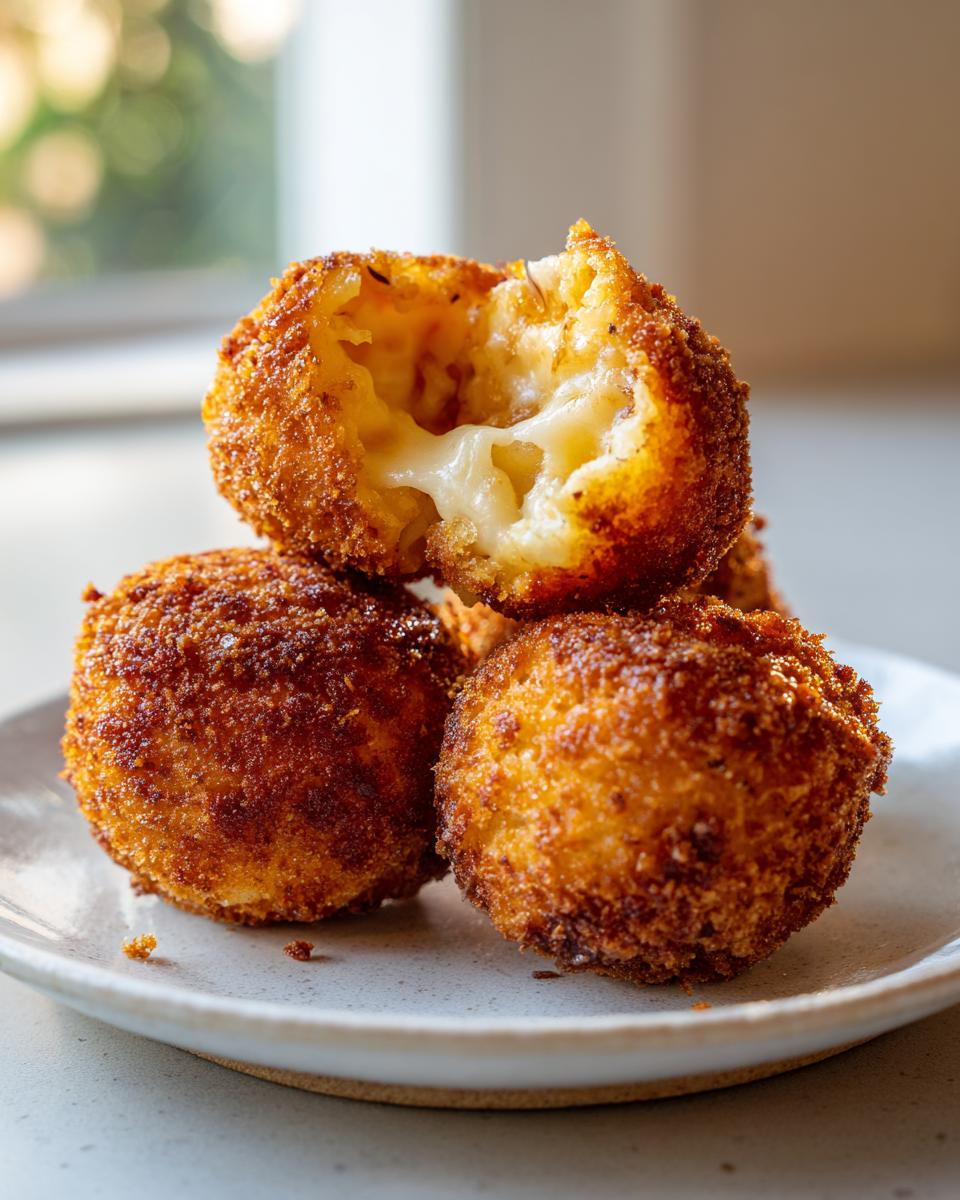 Close-up of crispy, golden-brown rice balls stacked, with one broken open showing a melted, gooey cheese center.
