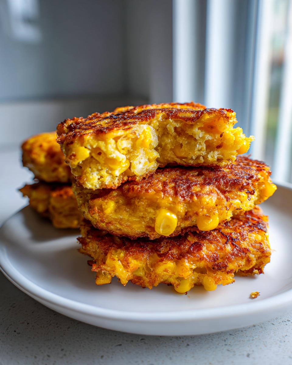 A stack of four golden brown, crispy corn fritters on a white plate, with the top fritter broken open showing the sweet corn interior.