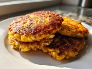Close-up of four golden-brown, crispy corn fritters stacked on a white plate, ready to eat.