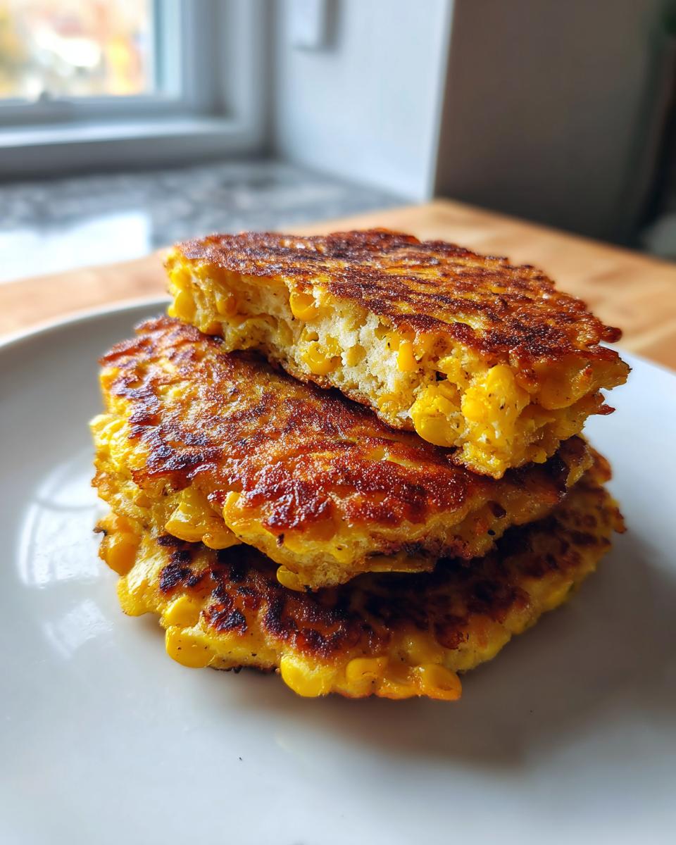 A stack of three golden-brown, crispy corn fritters, with the top one broken open to show the texture inside.