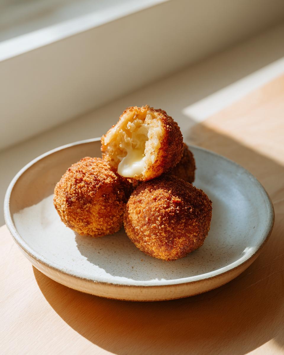 Close-up of golden brown, crispy fried rice balls, with one broken open showing a melted cheese center.
