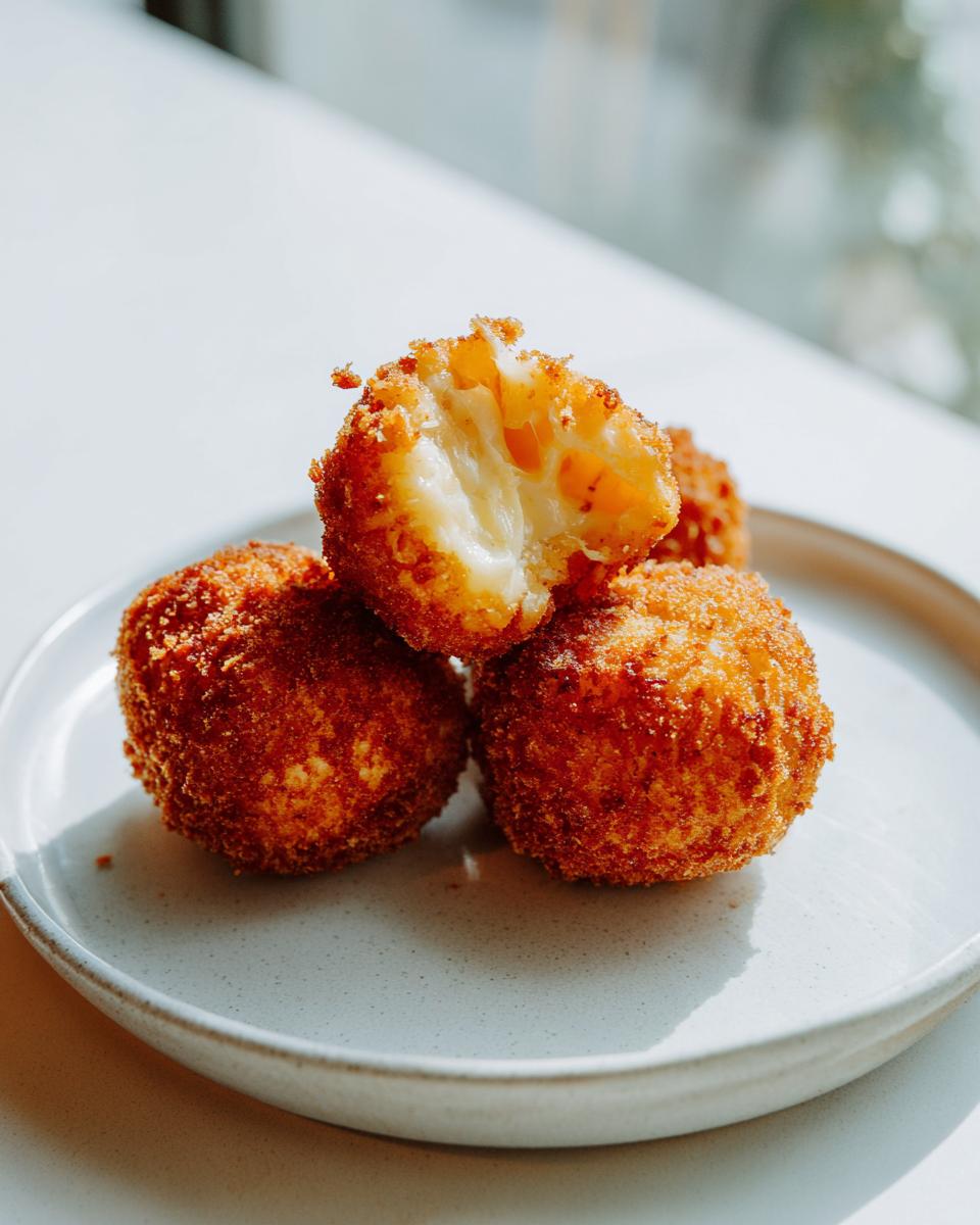 Close-up of three golden-brown fried rice balls, one broken open revealing a melted, cheesy interior.
