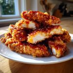 A stack of crispy, glazed hot honey chicken tenders, some cut open to show the juicy white meat inside.