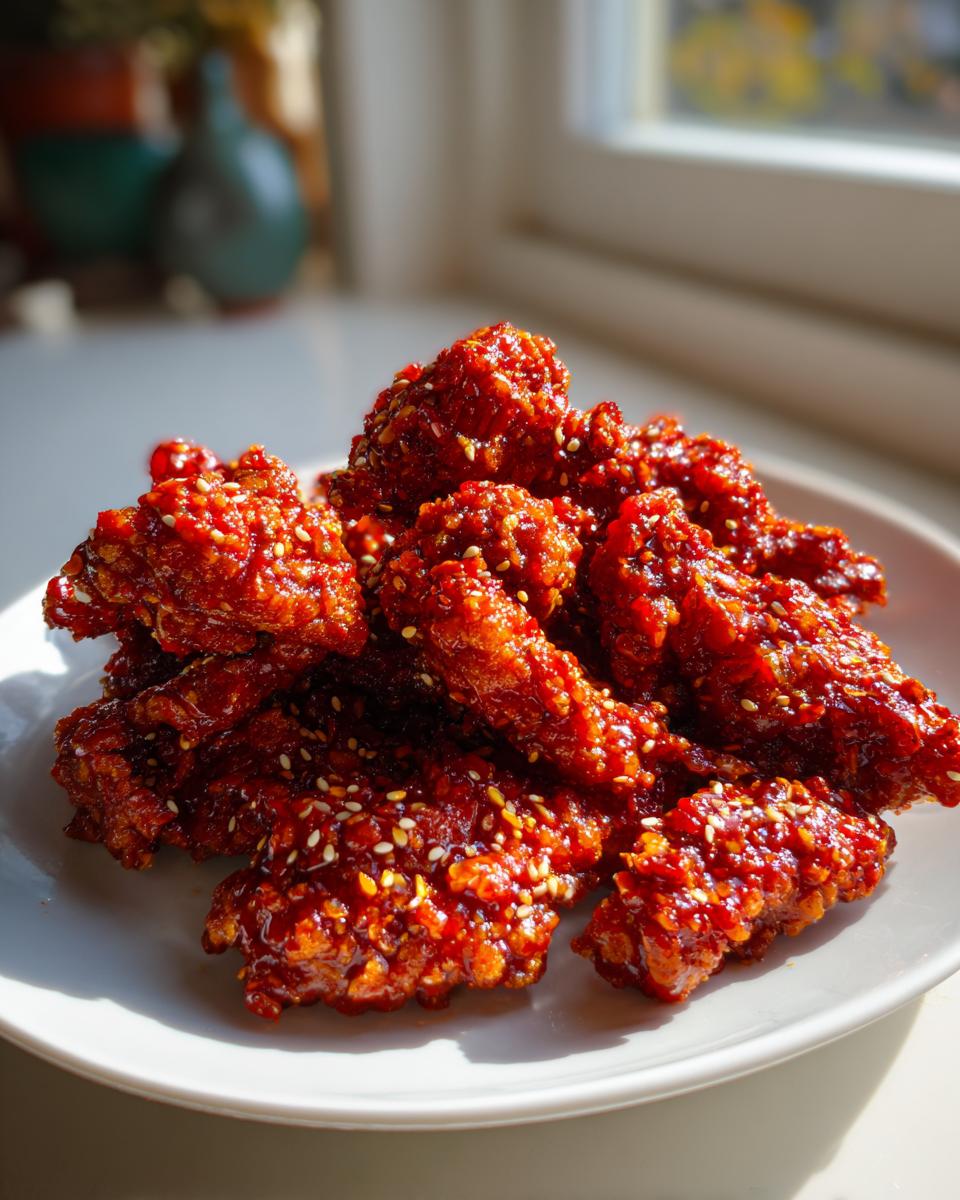Close-up of crispy Korean fried chicken pieces coated in a shiny, bright red spicy glaze and sprinkled with sesame seeds.