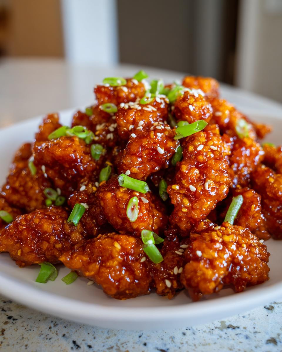 Close-up of crispy, glazed pieces of orange chicken recipe, garnished with sesame seeds and sliced green onions.