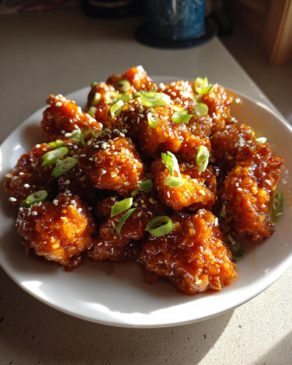 A plate piled high with crispy, glazed orange chicken recipe pieces, garnished with sesame seeds and sliced green onions.