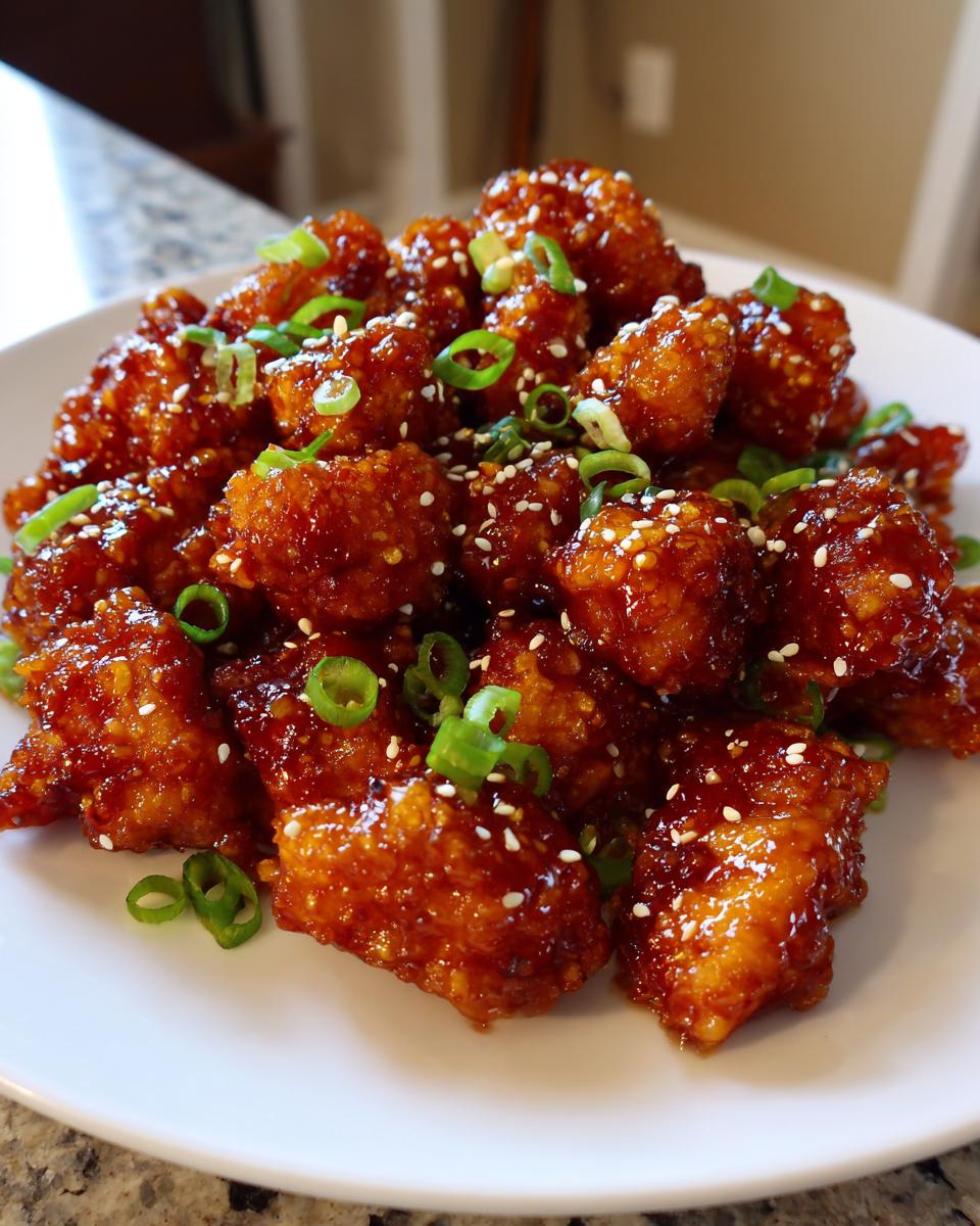 Close-up of crispy, glazed pieces of orange chicken recipe topped with sesame seeds and sliced green onions.