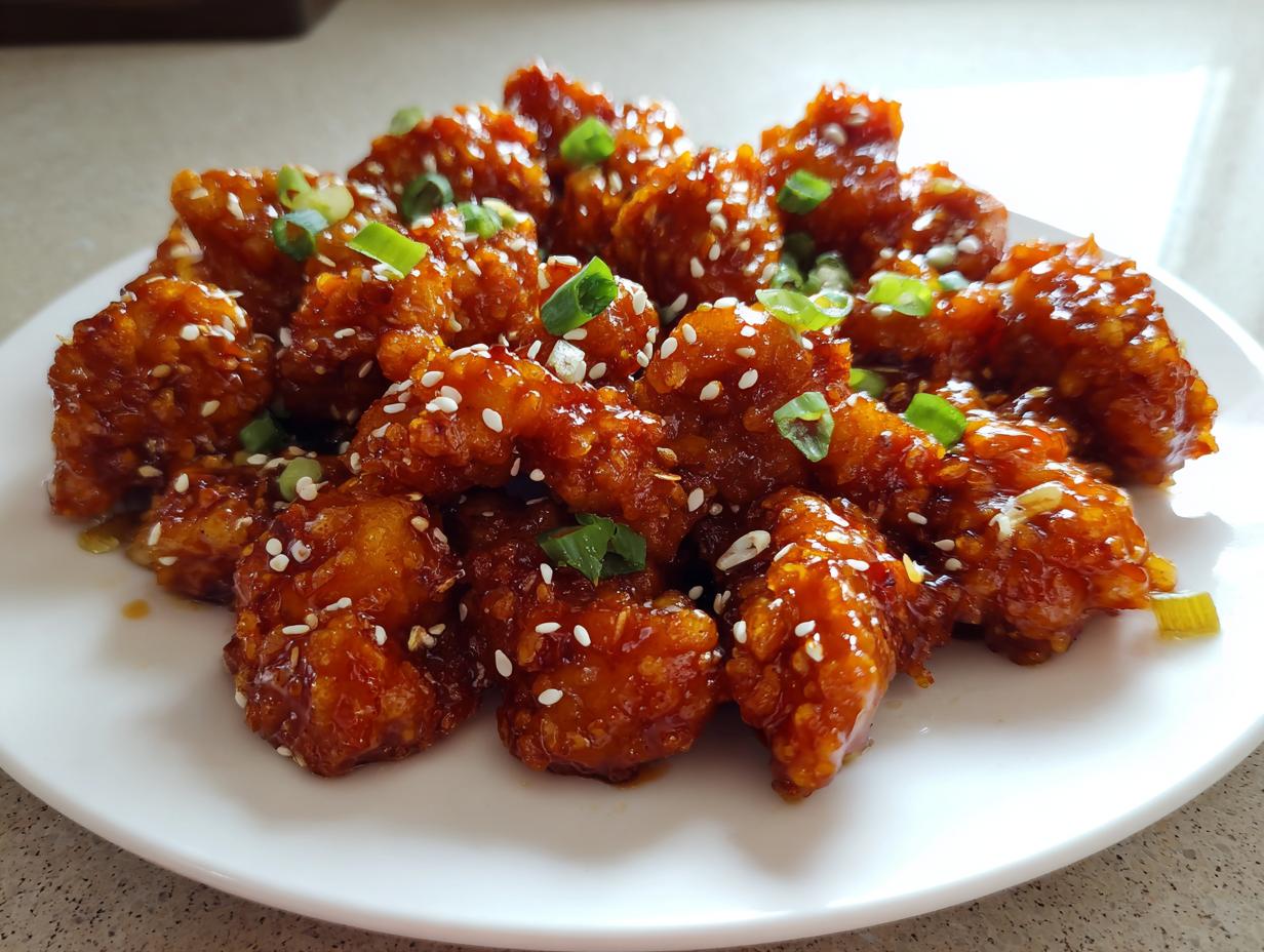 Close-up of crispy, glazed pieces of orange chicken recipe garnished with sesame seeds and chopped green onions.