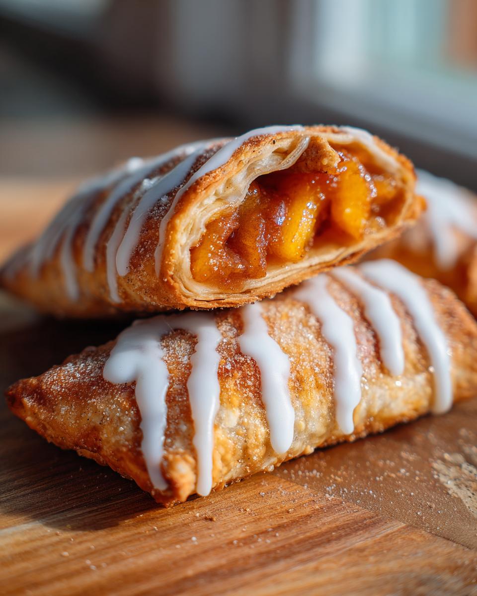 Close-up of two crispy peach cobbler egg rolls, one cut open revealing peach filling, drizzled with white icing.