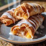 Close-up of three crispy peach cobbler egg rolls drizzled with white icing on a gray plate.