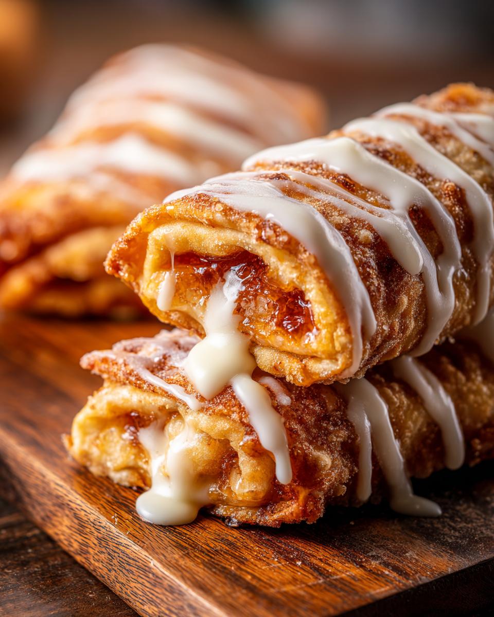 Close-up of stacked, crispy peach cobbler egg rolls drizzled with white icing, showing warm filling.