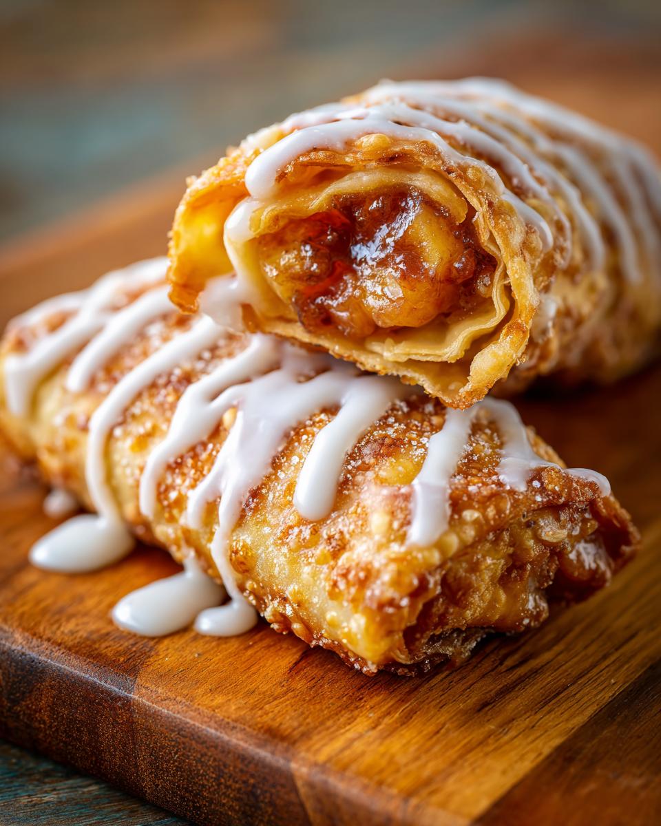 Two crispy peach cobbler egg rolls, one cut open to show the filling, drizzled with white icing.