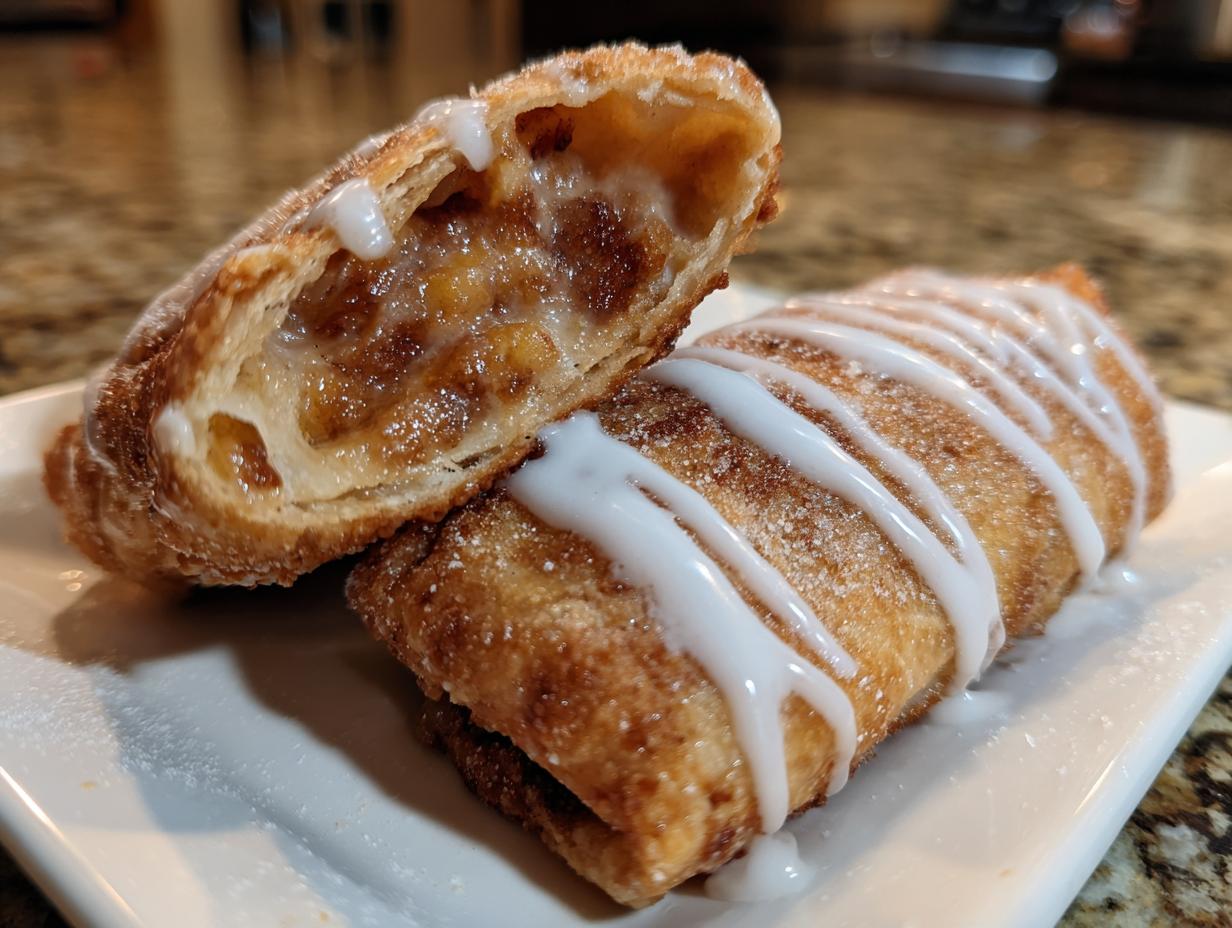 Two crispy peach cobbler egg rolls, one cut open showing the filling, drizzled with white icing.