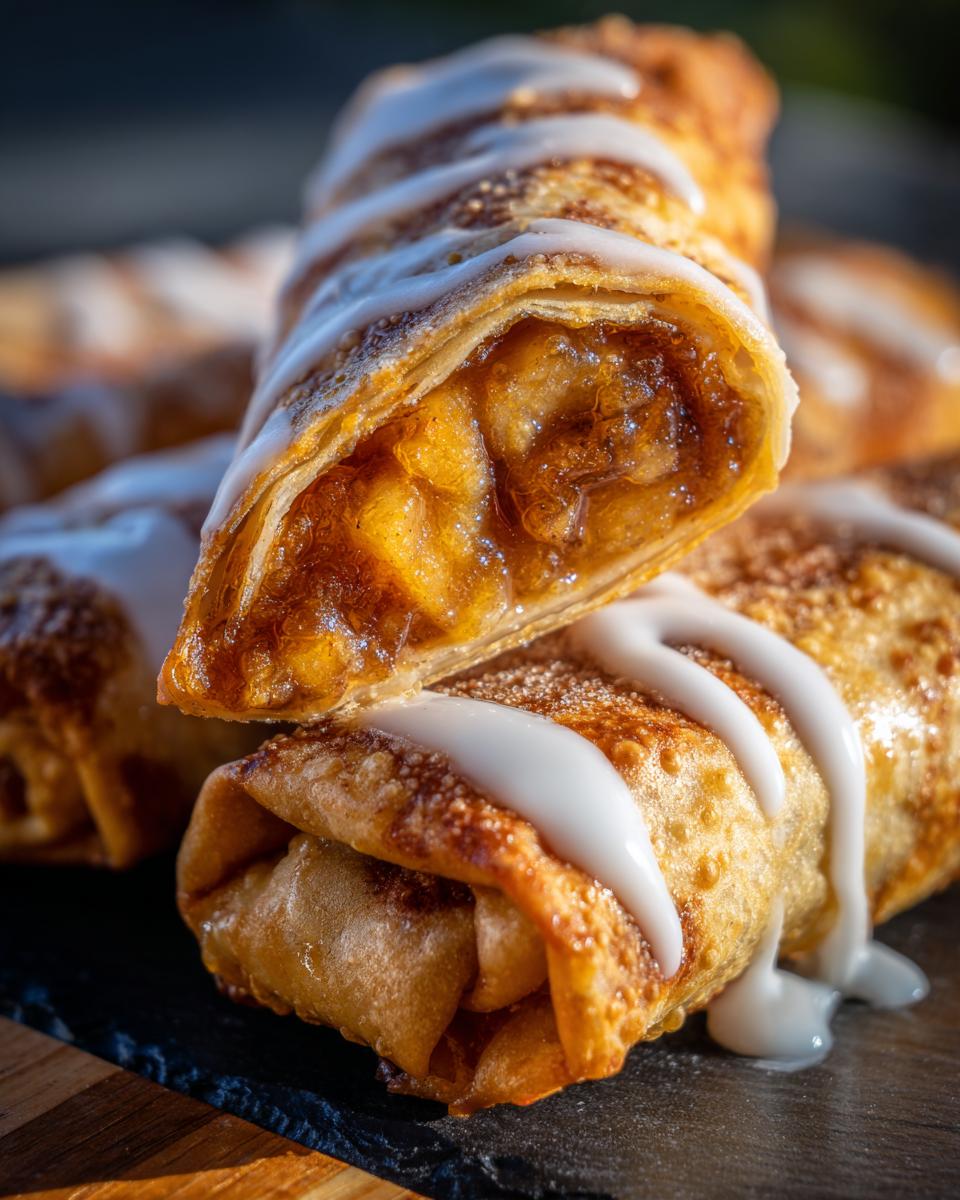 Close-up of crispy peach cobbler egg rolls cut in half, showing peach filling and drizzled with white icing.