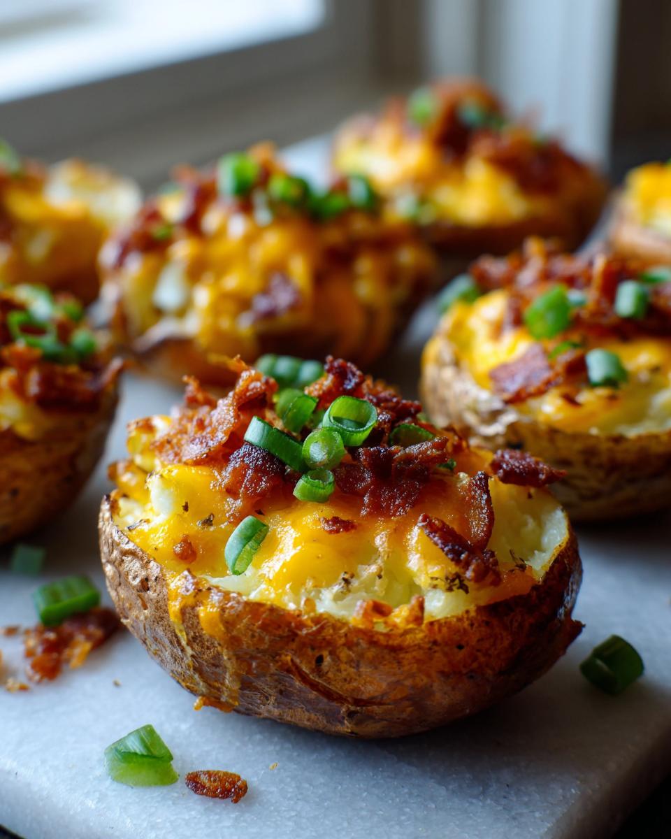 Close-up of crispy potato skins filled with mashed potato, melted cheddar cheese, bacon bits, and green onions.