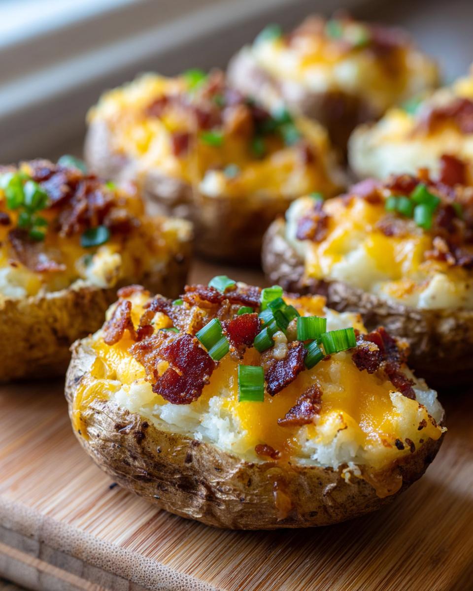 Close-up of baked potato skins stuffed with mashed potato, melted cheddar cheese, bacon bits, and green onions.