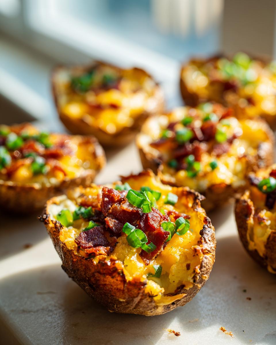 Close-up of crispy potato skins filled with melted cheese, bacon bits, and fresh green onions.