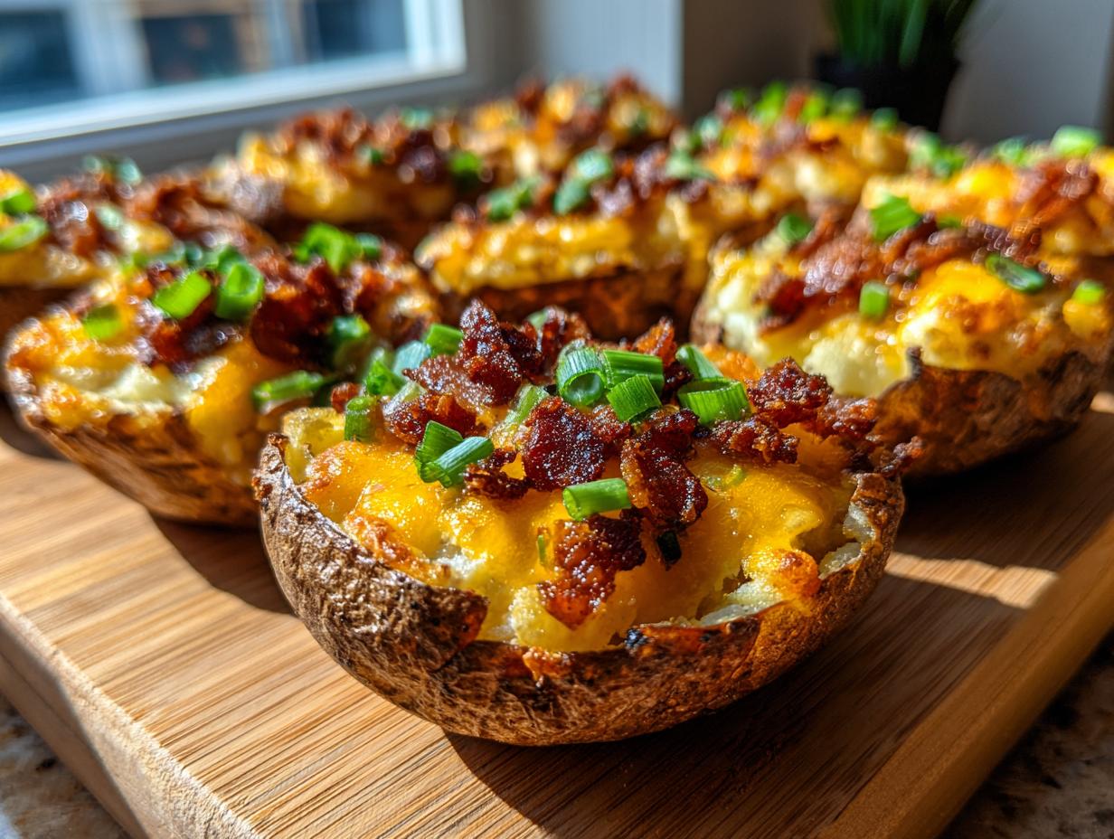 Close-up of freshly baked potato skins loaded with melted cheddar cheese, bacon bits, and green onions.