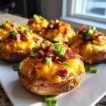 Close-up of four crispy potato skins loaded with melted cheddar cheese, bacon bits, and fresh green onions.