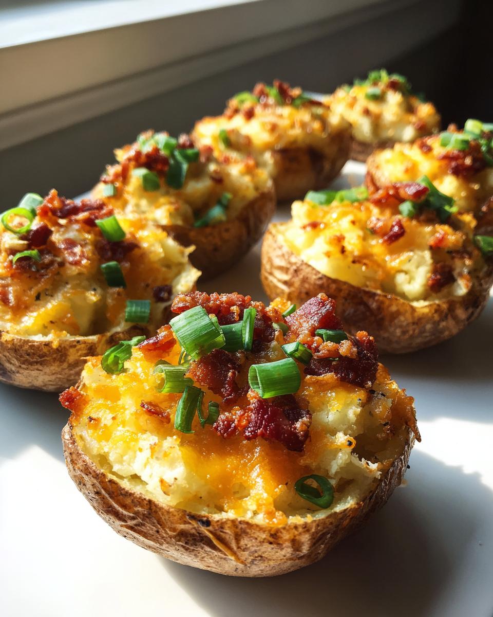 Close-up of several crispy potato skins loaded with melted cheddar cheese, bacon bits, and fresh green onions.
