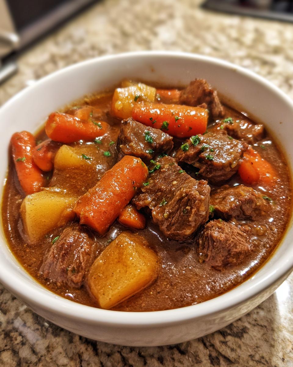 Close-up of rich, savory crockpot beef stew with tender beef chunks, carrots, and potatoes, garnished with parsley.