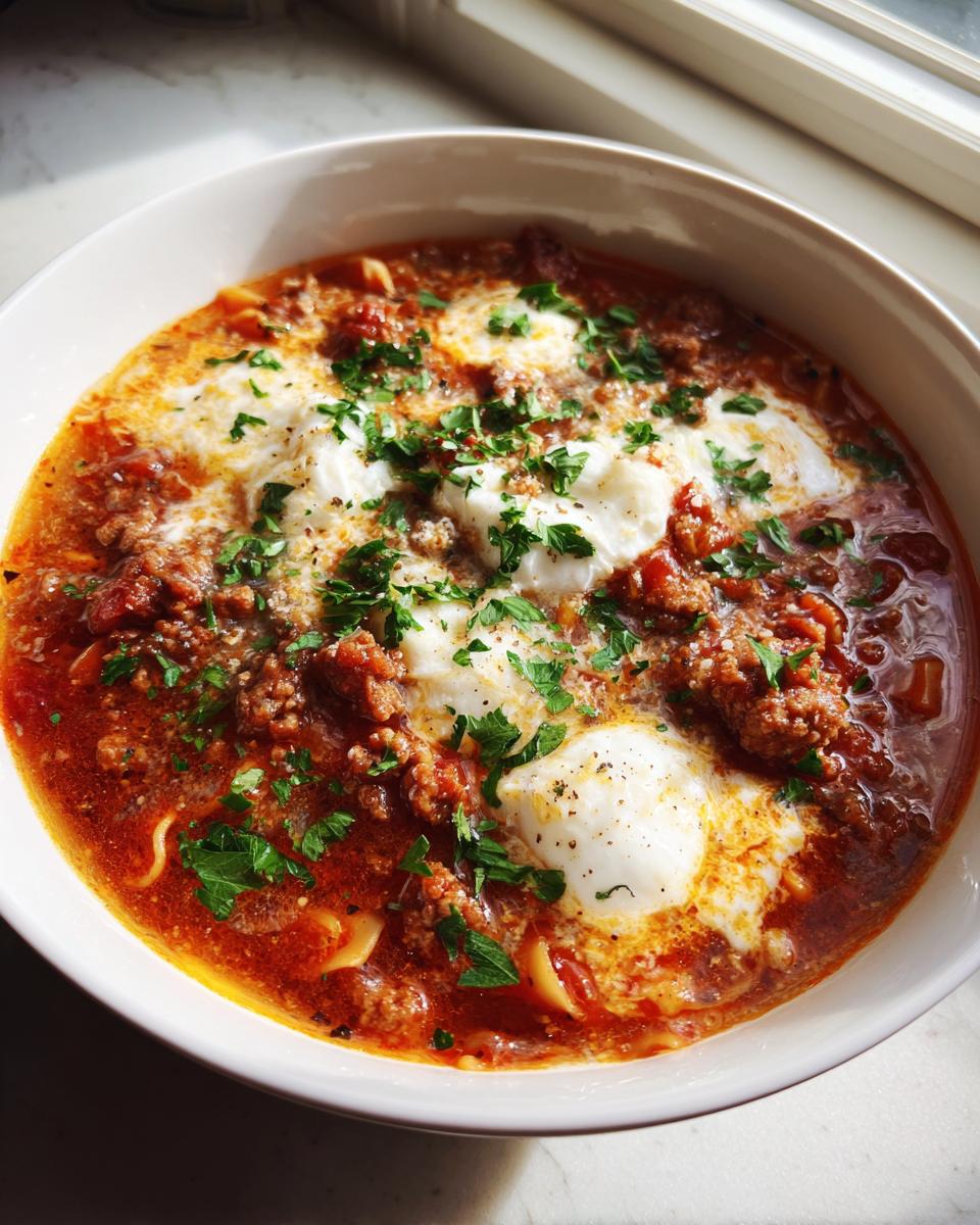 A close-up view of a bowl of rich crockpot lasagna soup topped with dollops of ricotta cheese, ground meat sauce, and fresh parsley.