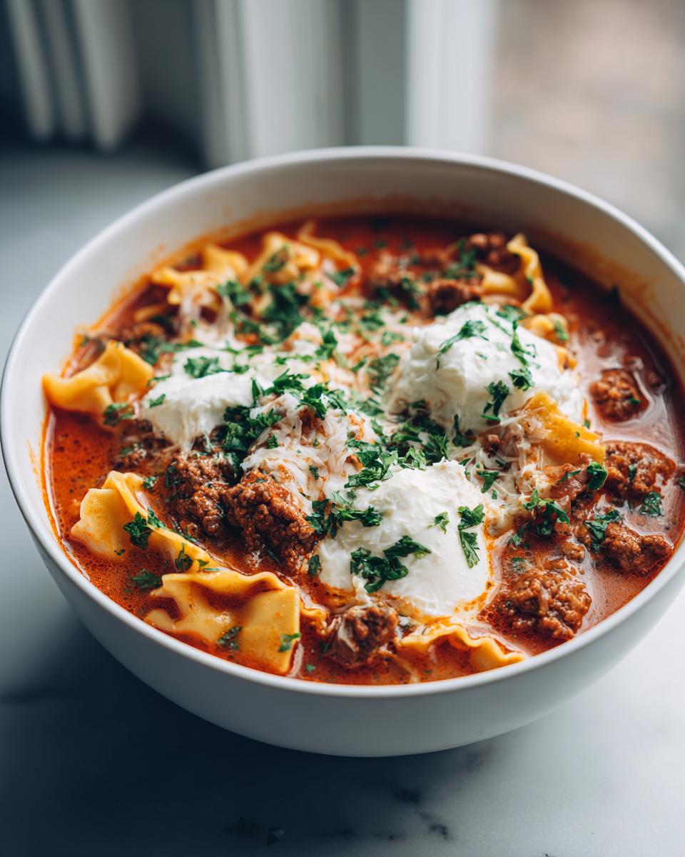 Close-up of a white bowl filled with rich crockpot lasagna soup, topped with dollops of ricotta, ground meat, and fresh parsley.