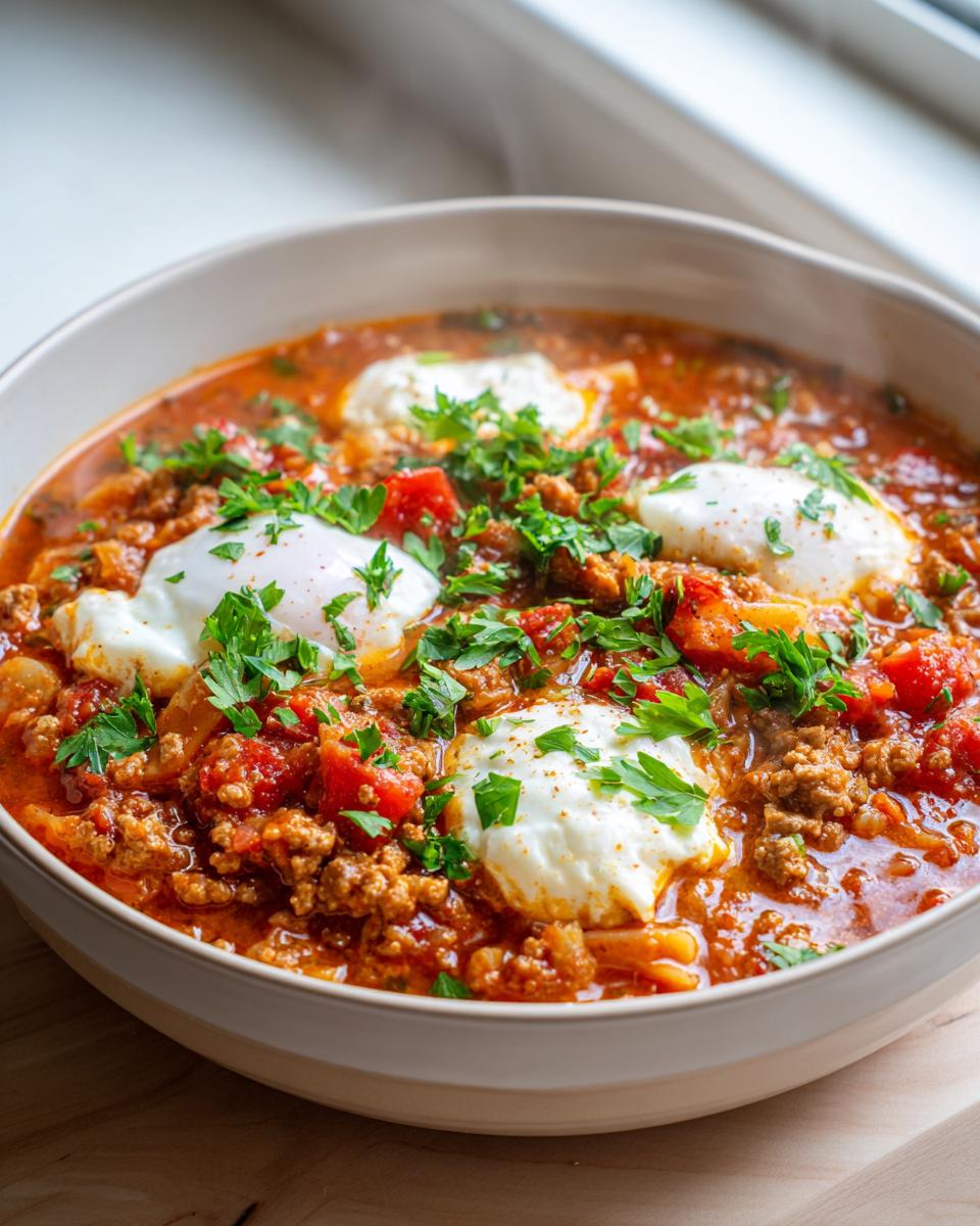 A steaming bowl of crockpot lasagna soup topped with poached eggs, ricotta, and fresh parsley.