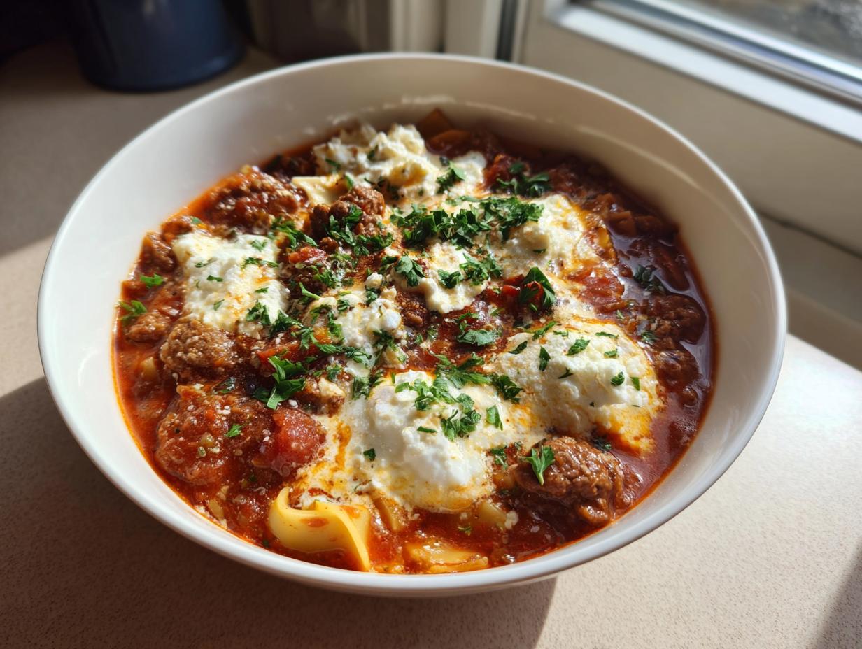 A hearty bowl of crockpot lasagna soup topped with dollops of ricotta cheese and fresh parsley.