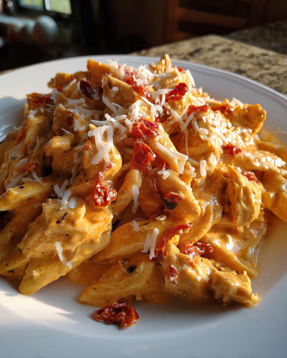 Close-up of creamy crockpot marry me chicken mixed with penne pasta, topped with sun-dried tomatoes and Parmesan.