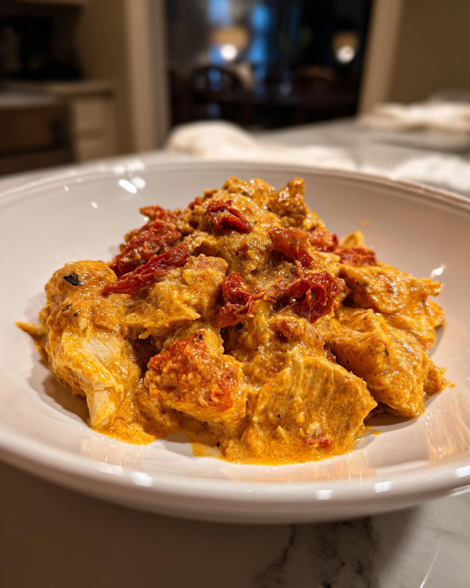 Close-up of creamy crockpot marry me chicken chunks topped with sun-dried tomatoes in a white bowl.