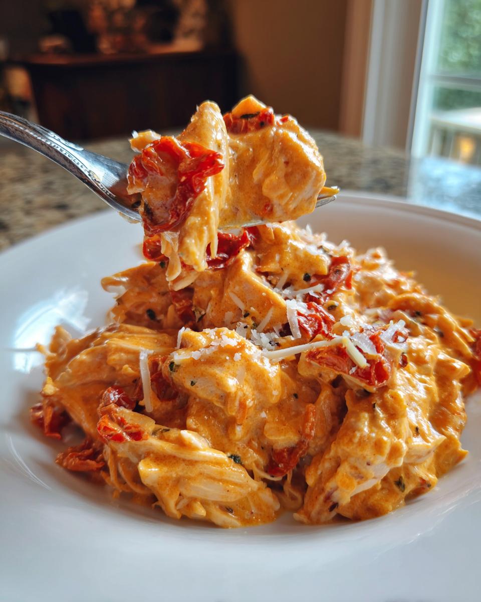 A fork lifts a bite of creamy crockpot marry me chicken mixed with sun-dried tomatoes over a white bowl.