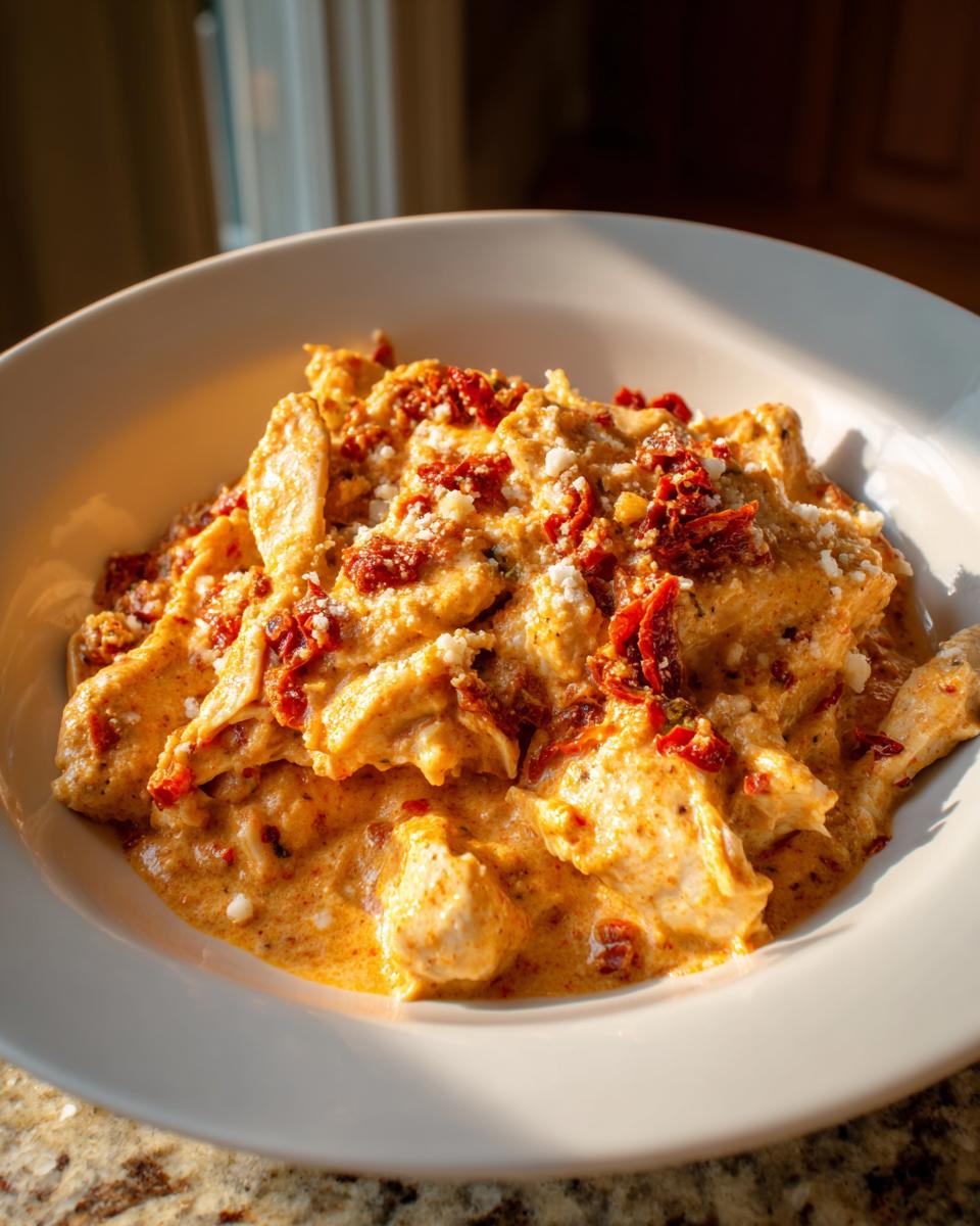 Close-up of rich, creamy crockpot marry me chicken topped with sun-dried tomatoes and Parmesan cheese.