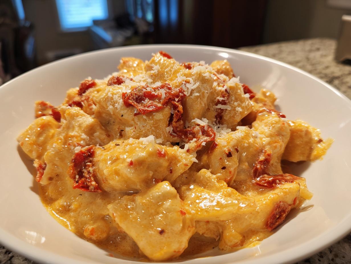 Close-up of creamy crockpot marry me chicken pieces topped with sun-dried tomatoes and grated Parmesan cheese in a white bowl.